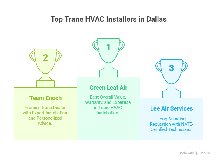 Infographic ranking top Trane HVAC installers in Dallas with Green Leaf Air in first place