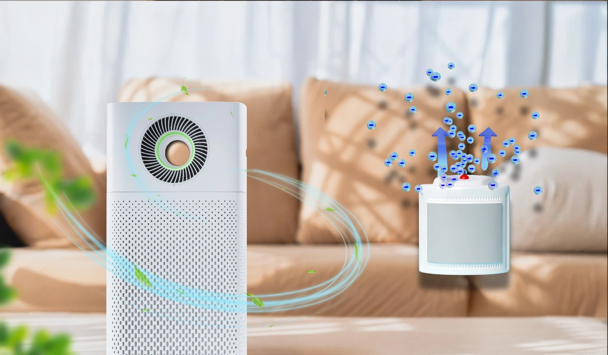 A modern air purifier emits clean air, depicted with swirling particles, against a cozy living room setting with a couch.