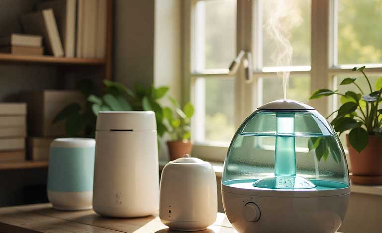 Three humidifiers on a tabletop by a window, with one unit releasing visible mist