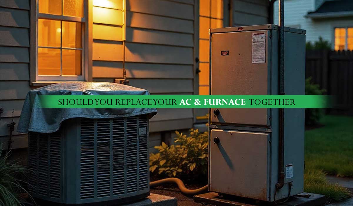 Outdoor AC condenser and furnace unit beside a house for a guide on replacing both systems together