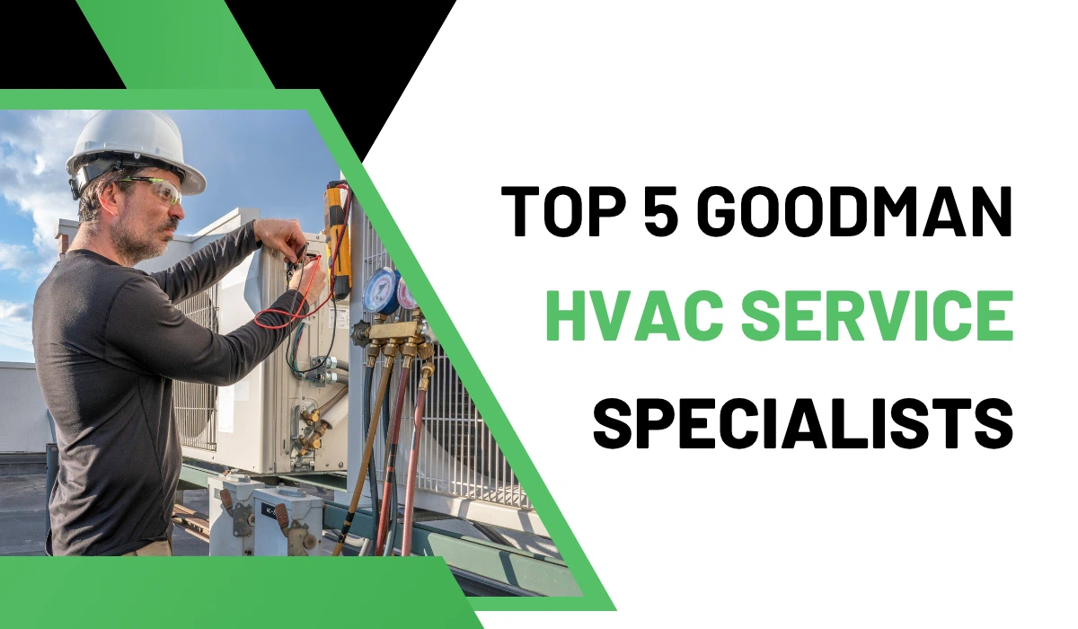 A technician in a hard hat adjusts equipment on an HVAC unit, surrounded by blue sky and rooftops, representing HVAC service specialists.