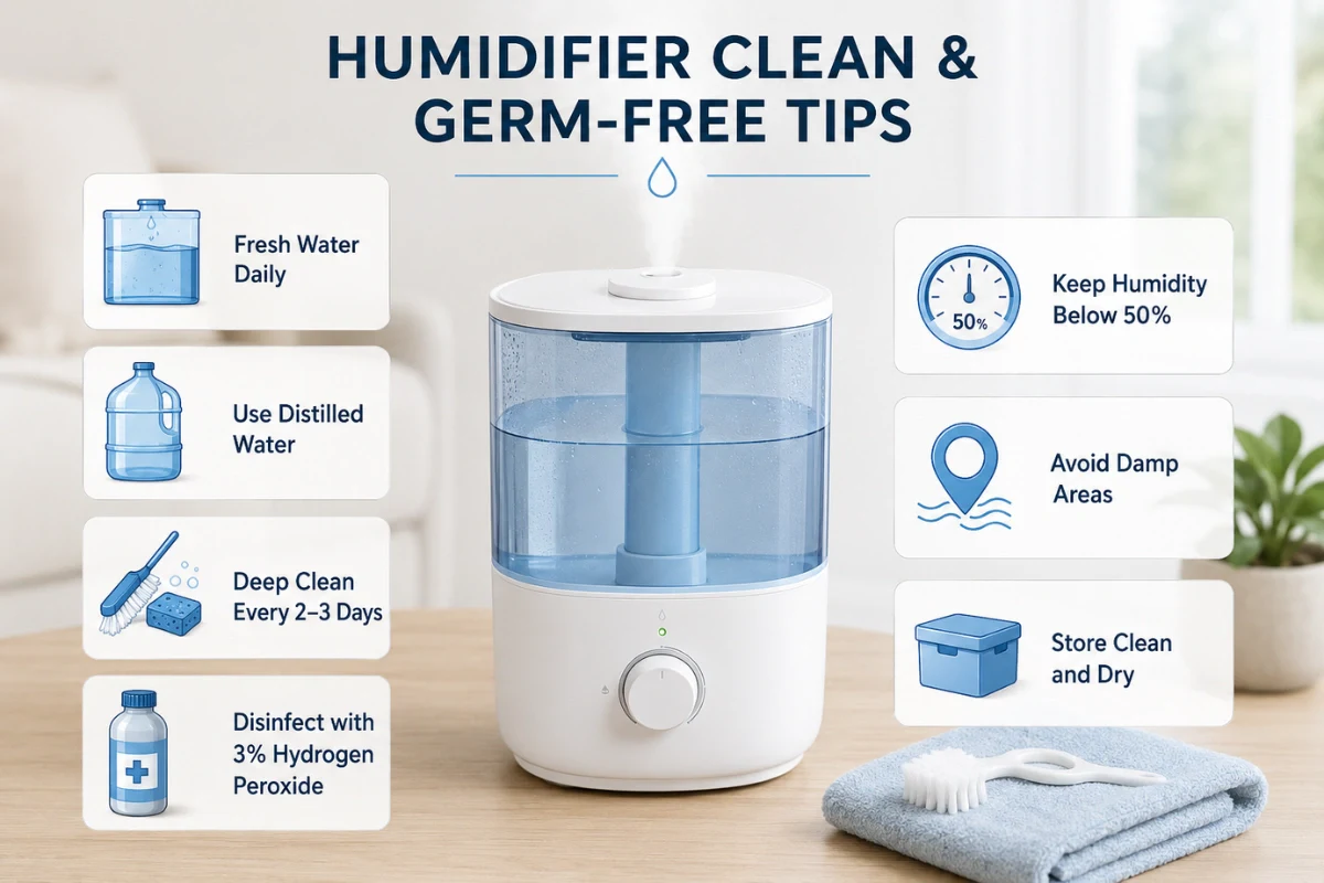 Humidifier cleaning tips infographic showing fresh water, distilled water, deep cleaning, and humidity control