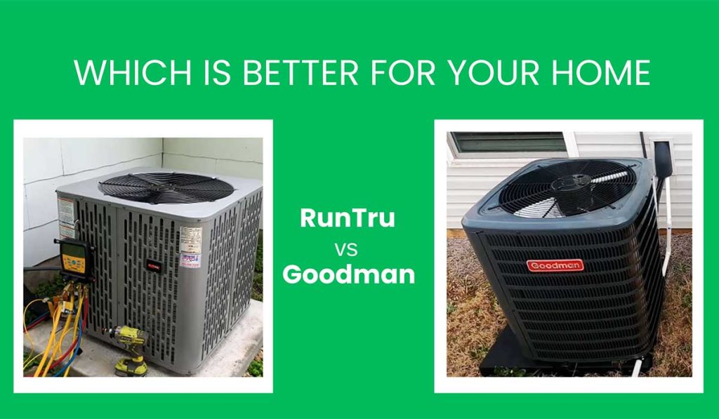 RunTru vs Goodman AC unit comparison graphic showing two outdoor condenser systems for home use