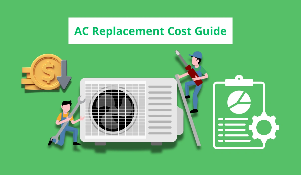 Illustration of an AC unit with repairmen, money icons, and a cost guide title, highlighting AC replacement cost deatails.