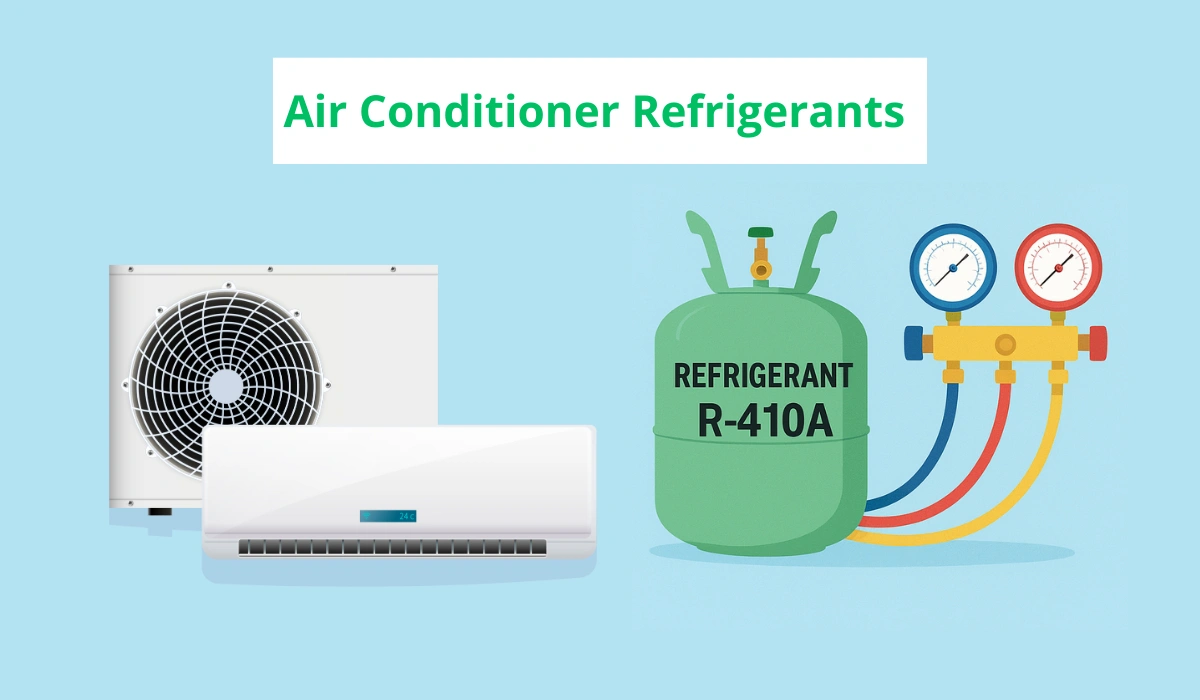 Air conditioner refrigerant R-410A with AC unit and pressure gauges for cooling system efficiency