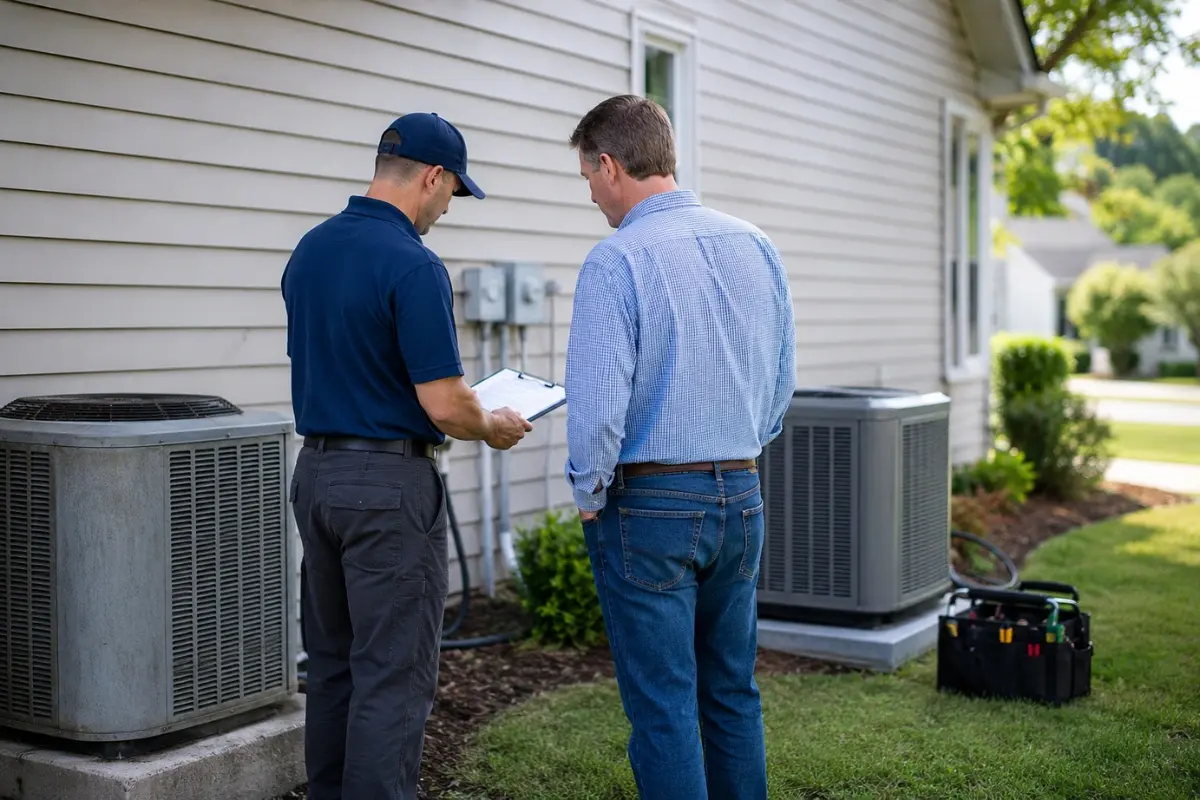HVAC technician reviews old and new outdoor AC units with a homeowner before replacement