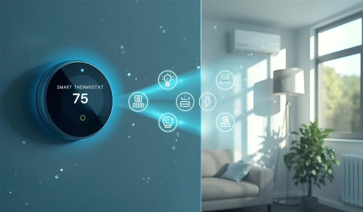 Smart thermostat controlling connected home HVAC features with a mini-split unit in the background