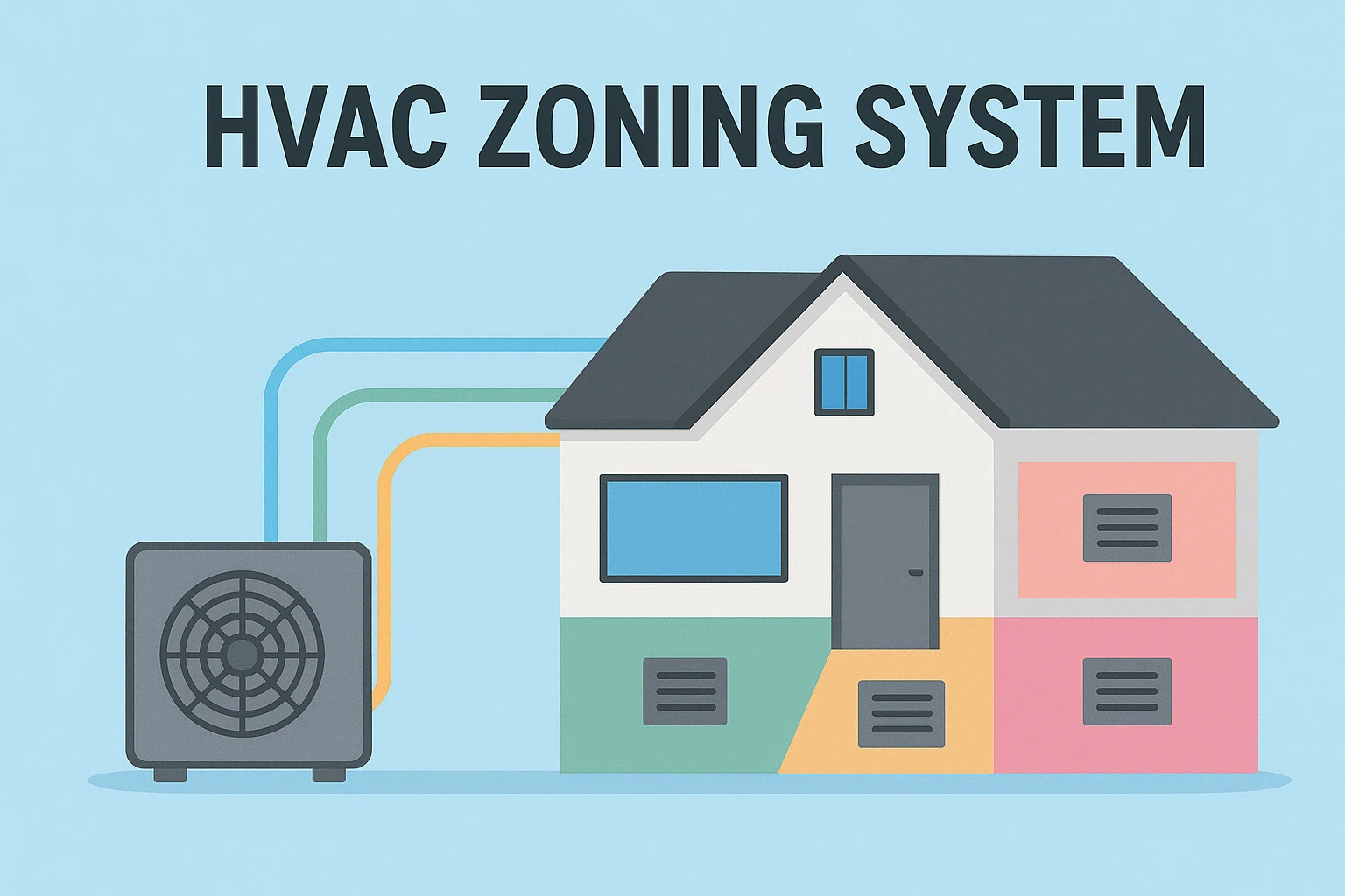 Illustration of HVAC zoning system showing house, outdoor unit, and airflow distribution with colored lines.
