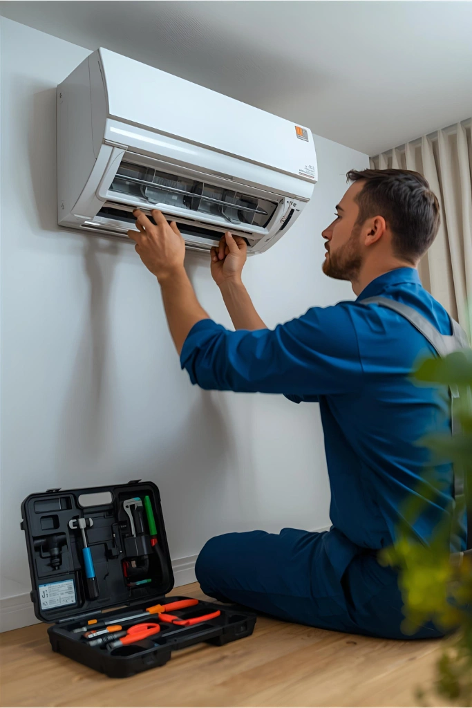 Technician in blue overalls servicing wall-mounted AC with open tool kit beside him.