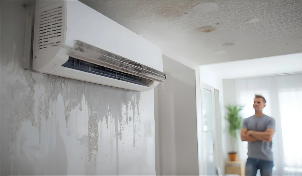 Wall-mounted mini-split AC leaking onto a damaged wall while a homeowner looks on