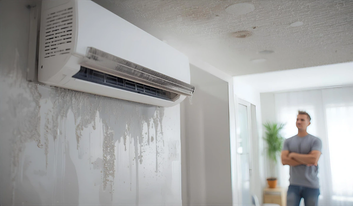 Wall-mounted mini-split AC leaking onto a damaged wall while a homeowner looks on