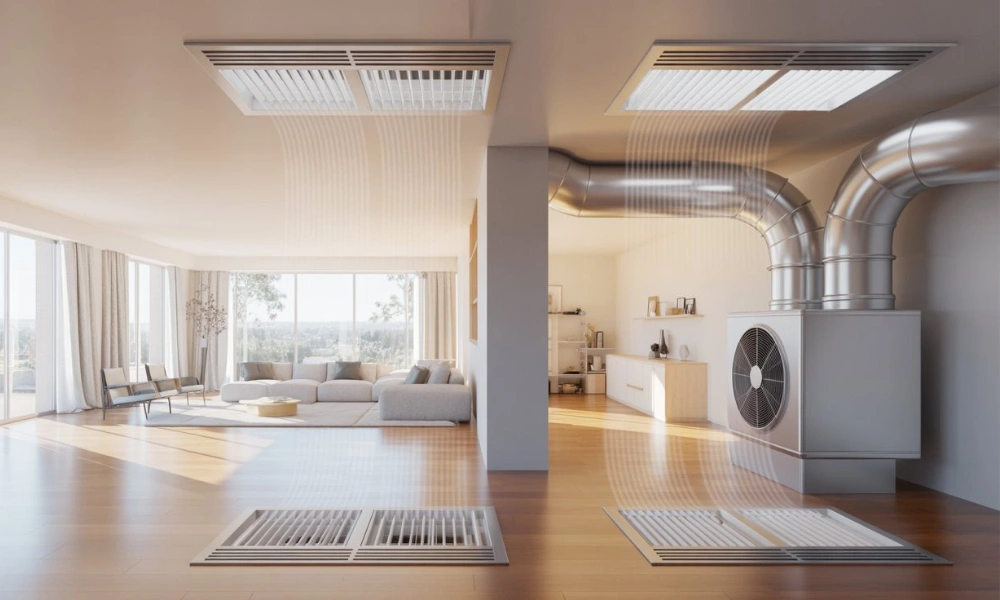 Illustration of a ducted HVAC system moving air through ceiling and floor vents in an open home