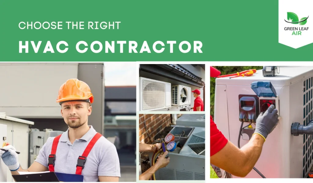 HVAC contractor selection graphic with technician portraits, AC service, and system repair scenes
