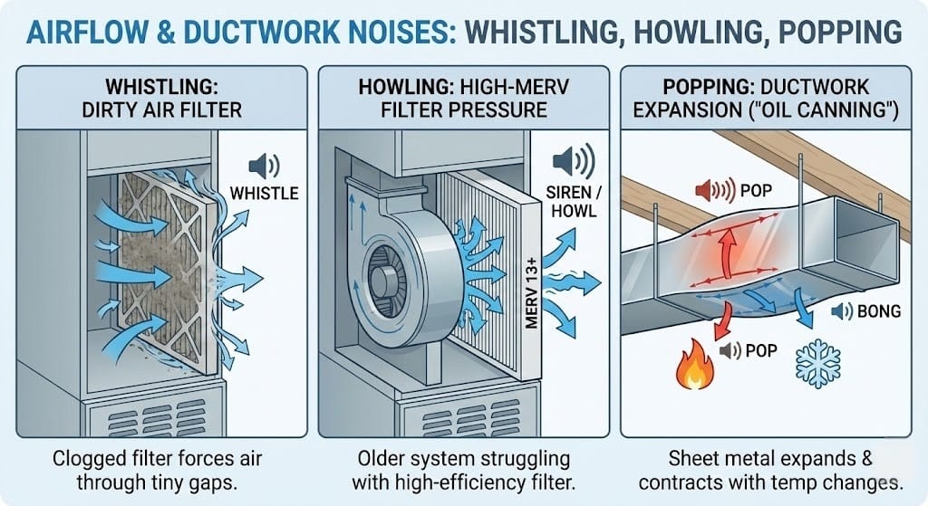 Diagram explaining whistling, howling, and popping noises in furnace airflow and ductwork systems.