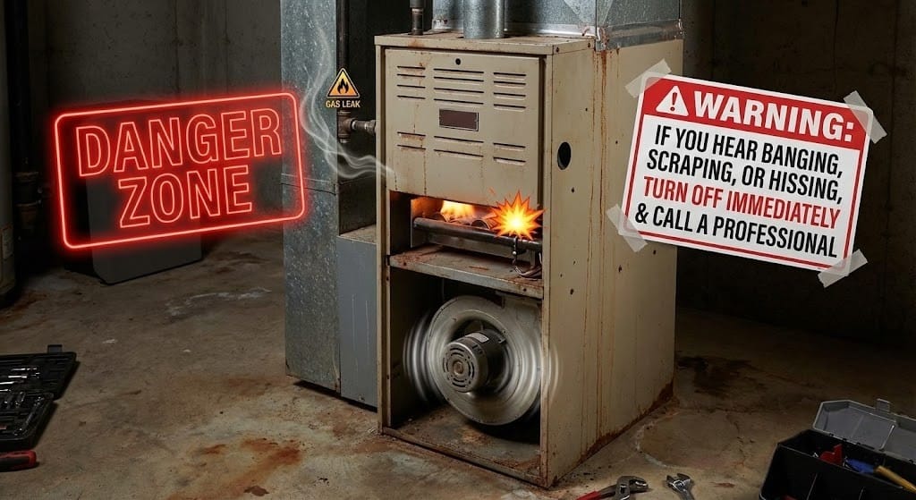 Rusty furnace with danger warnings for gas leaks and banging, scraping, or hissing sounds.