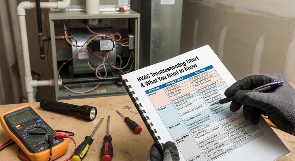 HVAC troubleshooting chart and tools beside an open furnace during system diagnostics