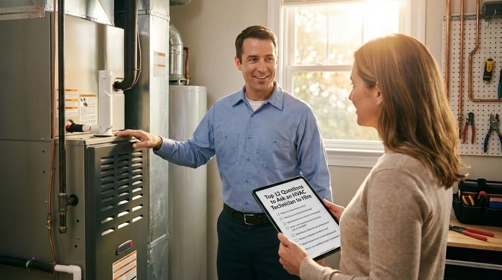 Homeowner holds "Top 12 Questions to Ask HVAC Technician" tablet at consultation.
