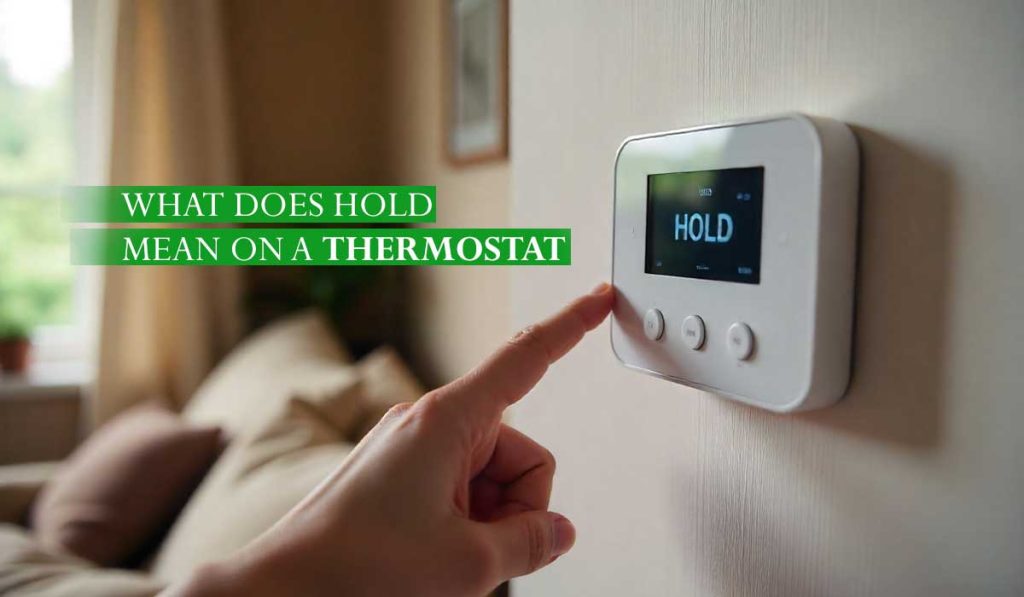 Hand pressing a thermostat showing HOLD mode on a home HVAC control screen