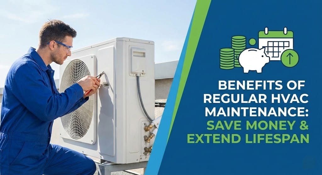 HVAC technician working on a unit, with graphic about saving money through maintenance.