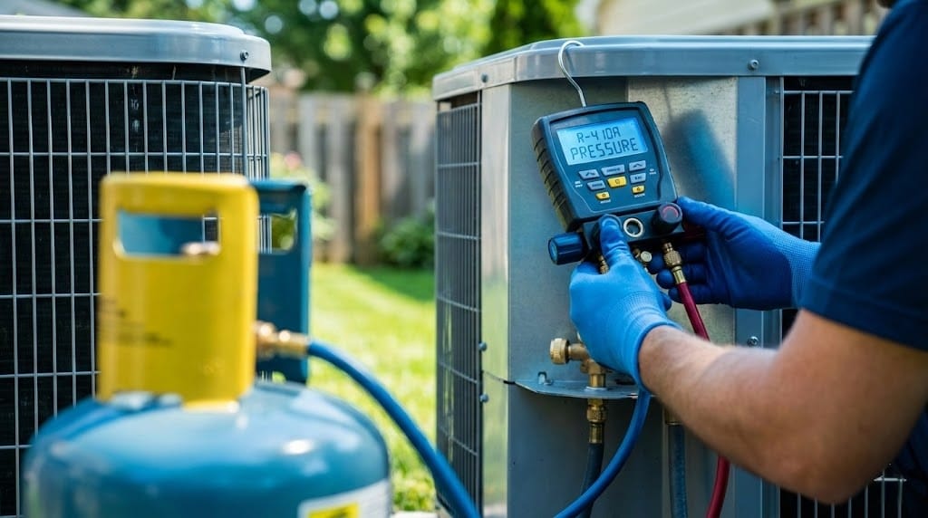 An HVAC technician using digital gauges and a refrigerant tank, preparing for a home AC refrigerant recharge on an outdoor condenser unit.
