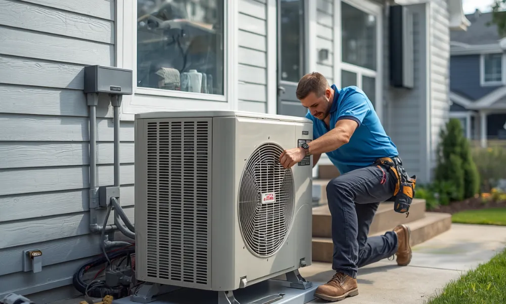 AC installation and replacement in Houston with technician servicing an outdoor condenser unit