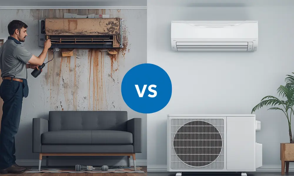 AC repair vs. replace in Houston graphic showing a damaged wall AC unit beside a new mini split system