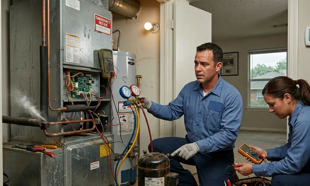 AC repair in Houston with HVAC technicians diagnosing a home air handler system