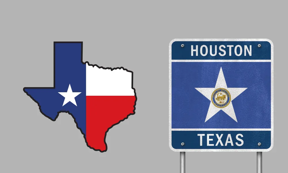 HVAC services in Houston and surrounding areas with Texas map and Houston road sign