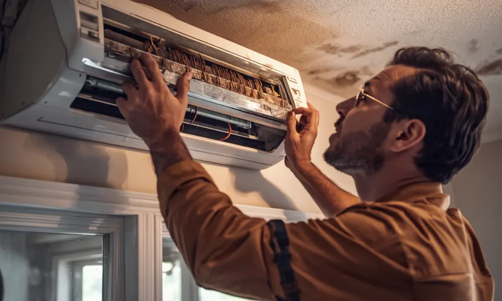 Technician inspecting a dirty AC unit to show reasons an AC struggles in the Texas heat