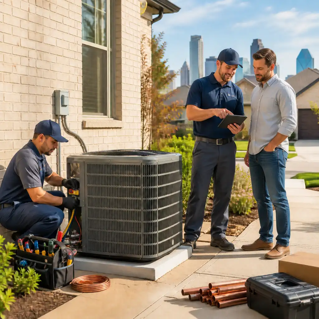 HVAC technicians reviewing a new outdoor AC installation with a Dallas homeowner beside the unit.
