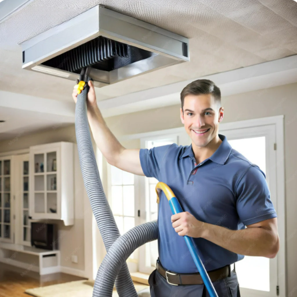 Technician cleaning a ceiling air duct with a vacuum hose inside a home.