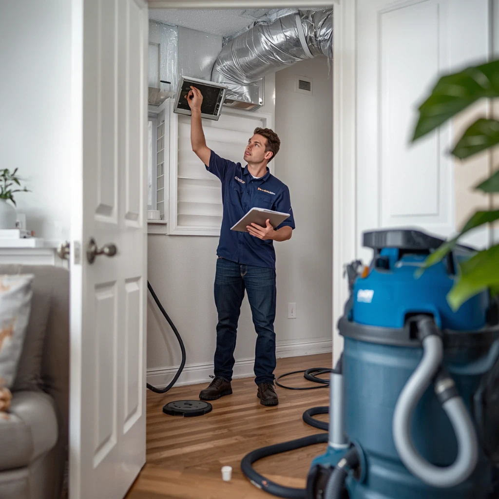Technician inspecting a ceiling vent opening with duct cleaning equipment in a Dallas home