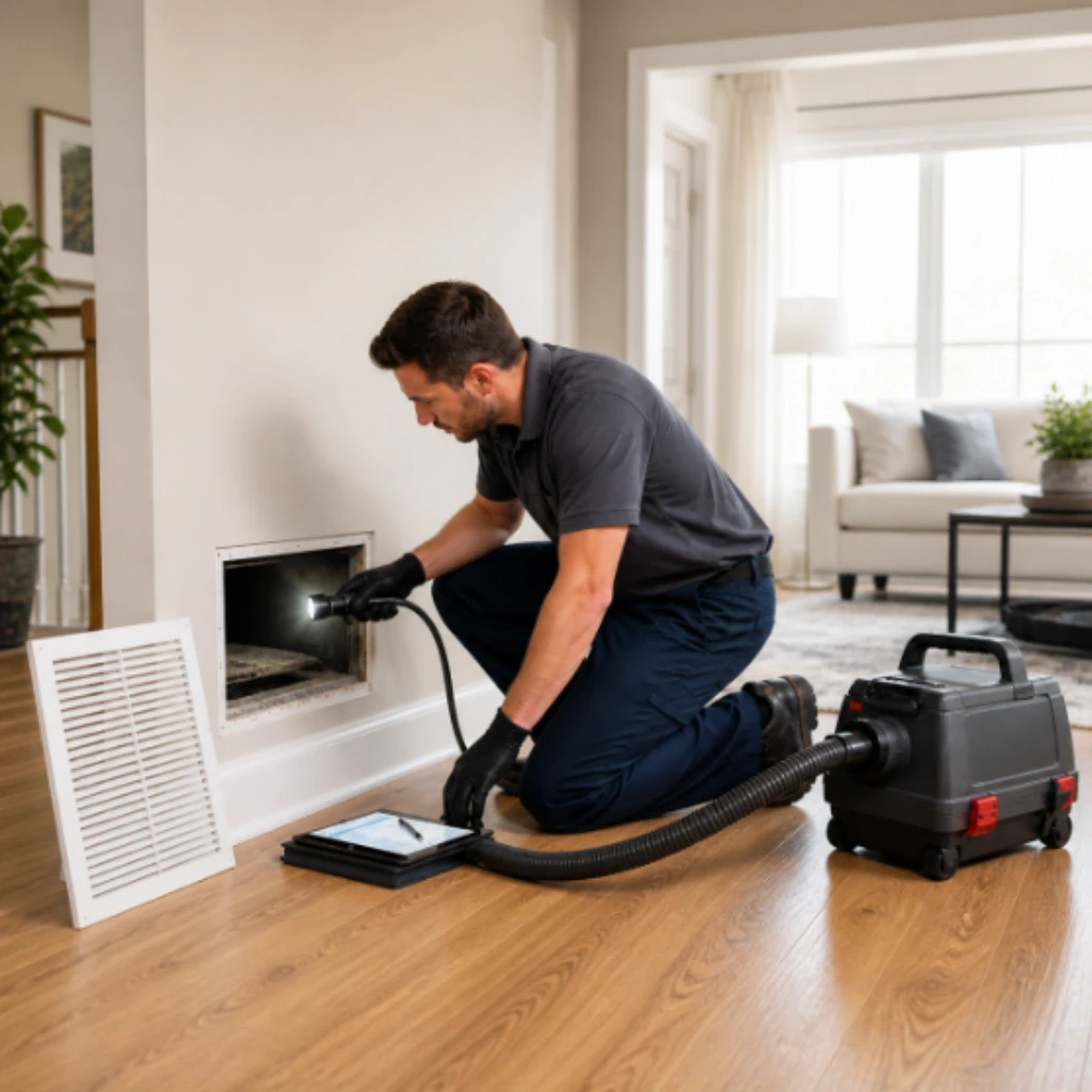 Technician inspecting a floor air duct opening with a flashlight beside vacuum equipment