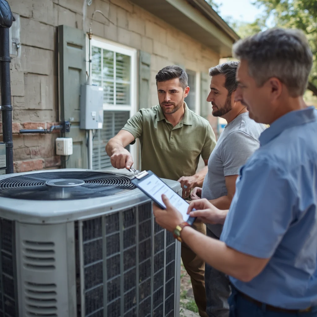 HVAC technician explaining AC replacement signs to Dallas homeowners beside an outdoor condenser.