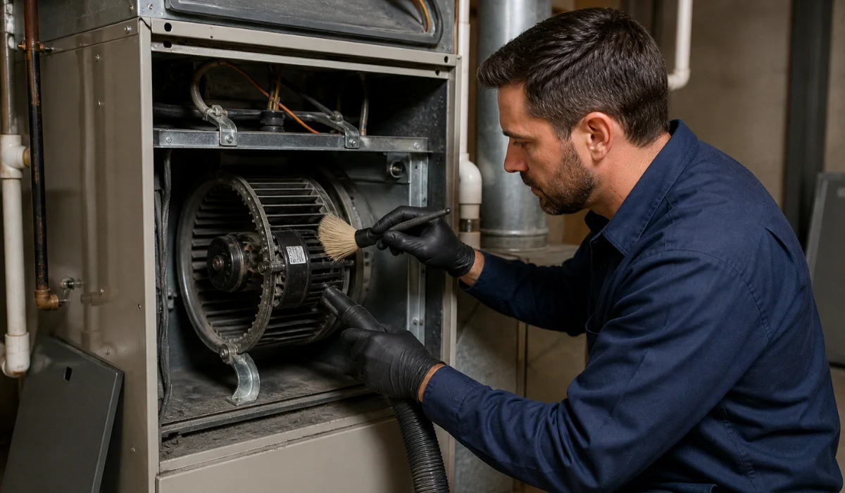 Technician cleaning a furnace blower motor inside an open HVAC cabinet