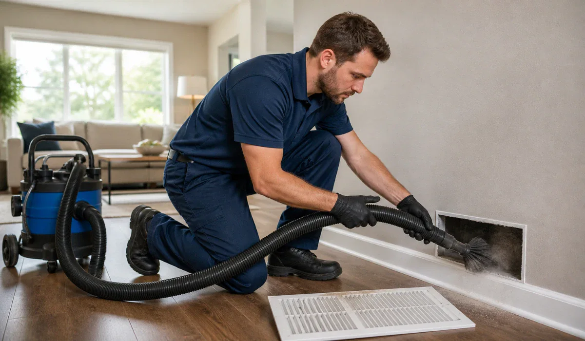 Technician cleaning a floor air vent with a vacuum hose in a living room.