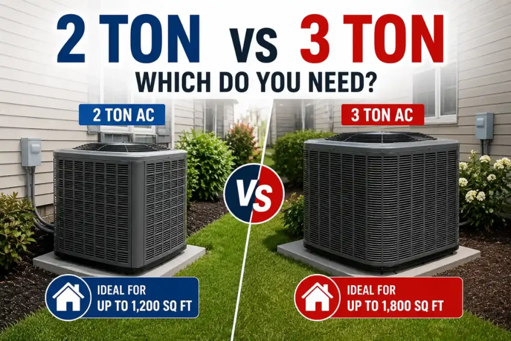 Infographic comparing 2 ton and 3 ton AC units by size and coverage