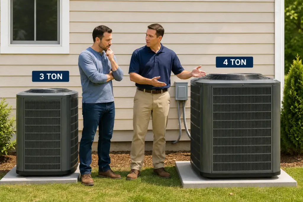HVAC technician comparing 3 ton and 4 ton AC units with a homeowner
