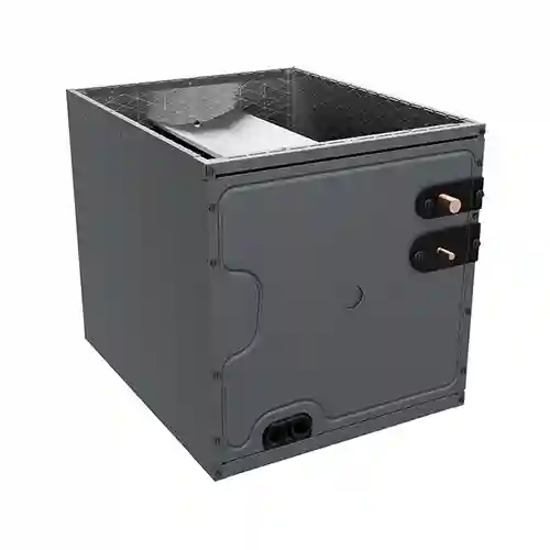 HVAC evaporator coil cabinet with copper line connections on a light gray background.