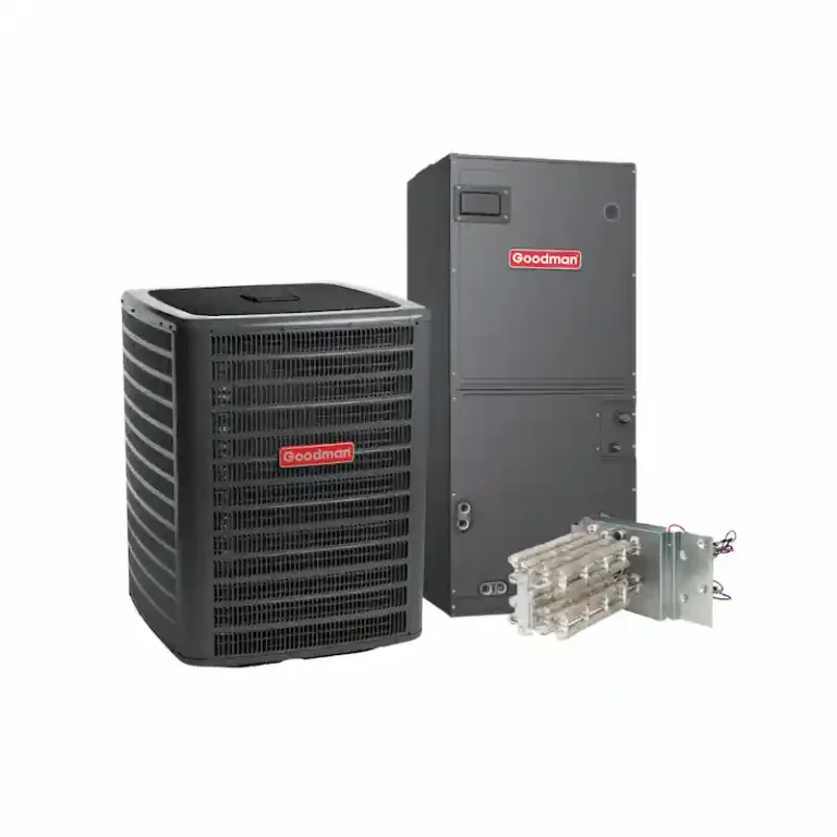 Goodman HVAC system package with indoor air handler, outdoor condenser, and electric heat kit.