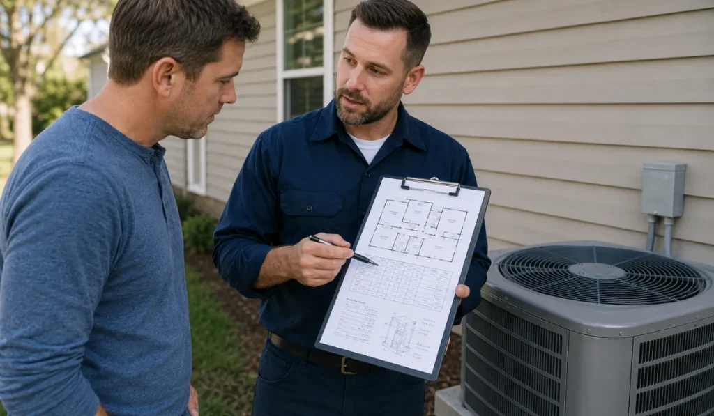 HVAC technician reviewing Manual J AC tonnage calculation with homeowner