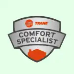 A Trane Comfort Specialist badge logo displayed on a light background, representing certified HVAC knowledge, trusted service quality, and professional heating and cooling expertise. This image is ideal for contractor credentials, trust badges, certification sections, and HVAC service branding.