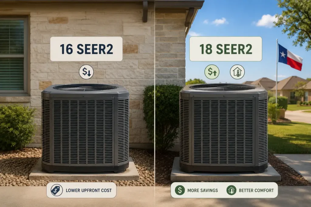 16 SEER2 vs 18 SEER2 AC comparison showing cost, savings, and comfort in Texas