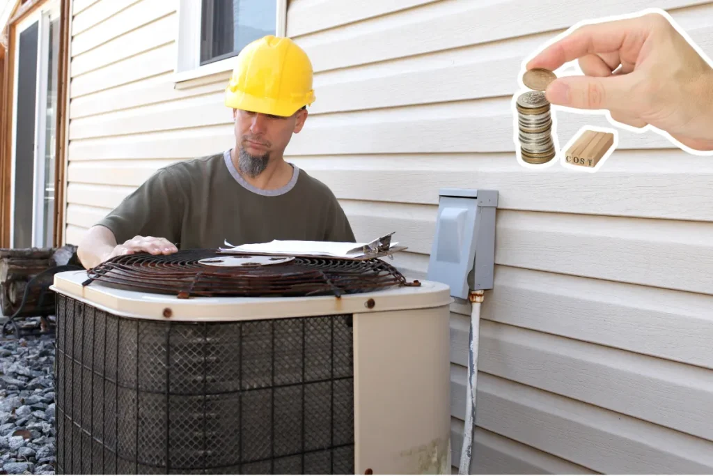 Contractor reviewing an old outdoor AC unit with cost graphic for 4-ton replacement