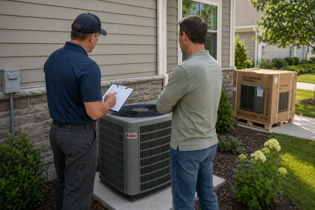 HVAC technician discusses replacing an R-410A AC unit while a boxed R-32 system waits nearby