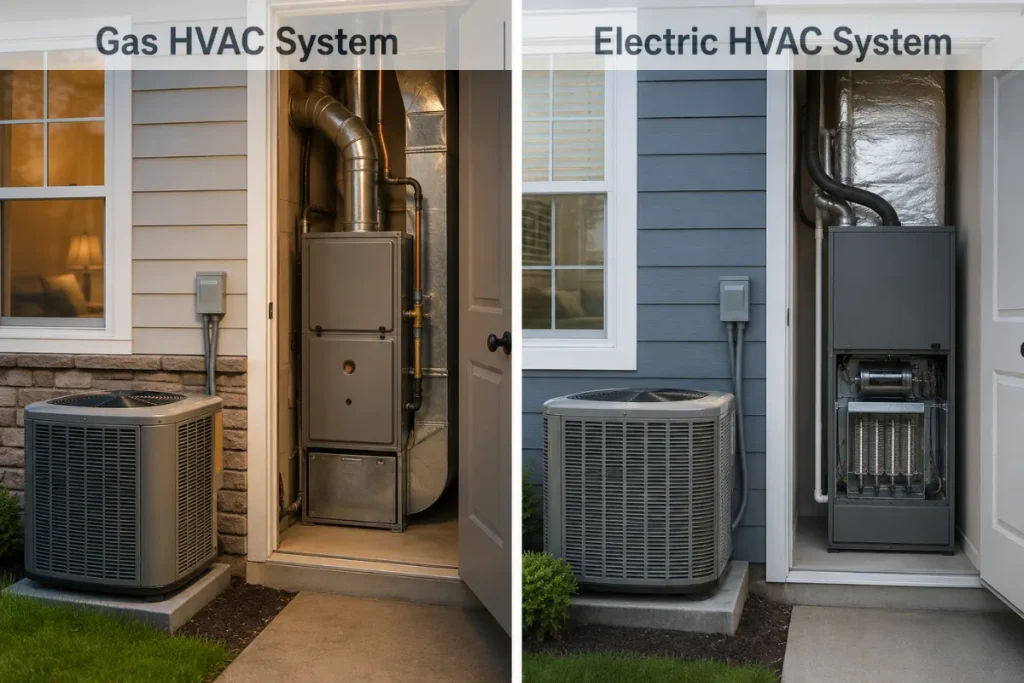 Gas and electric HVAC systems shown side by side with outdoor AC units and indoor equipment