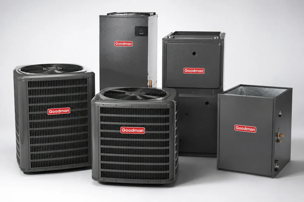 Goodman HVAC system lineup with outdoor condensers, air handlers, furnace, and coil