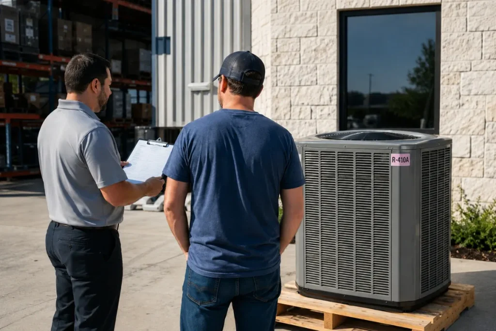 HVAC professionals inspect a new R-410A outdoor AC unit before installation