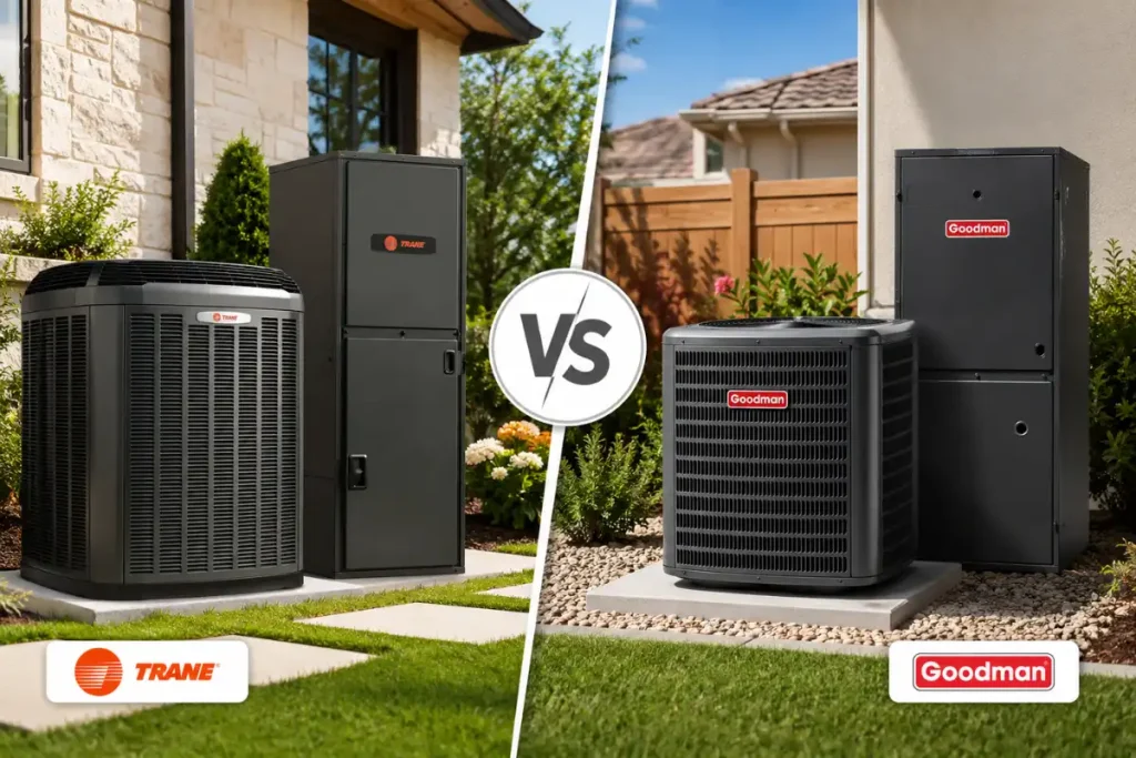 Trane and Goodman HVAC systems compared side by side outside two homes