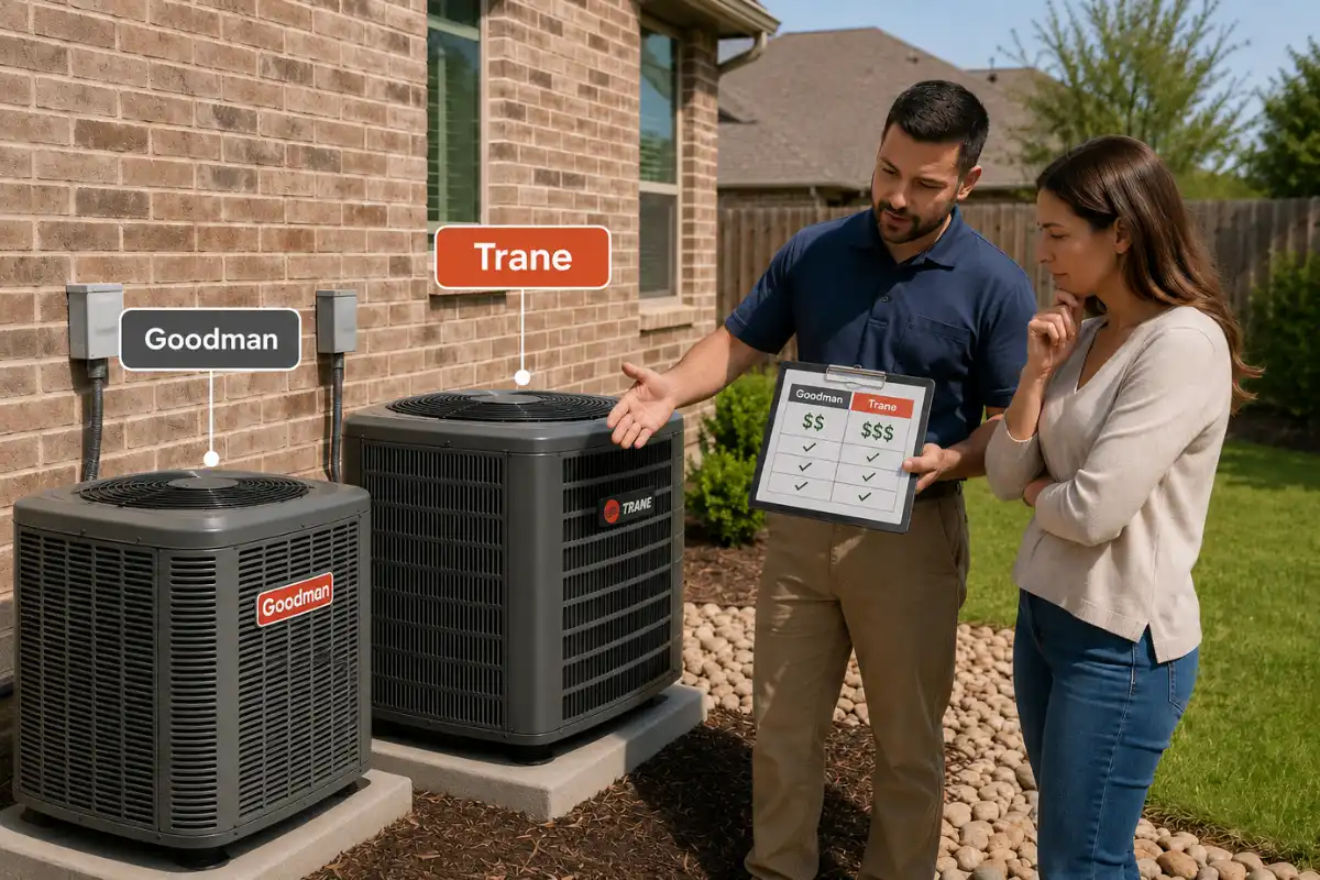 Technician comparing Trane and Goodman installed prices with homeowner beside outdoor AC units